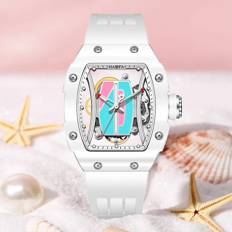 Haofa Ladies Automatic Mechanical Watch Rubber Strap 50M Waterproof Sapphire Mirror Stainless Steel Case Women‘S Wristwatch 1991