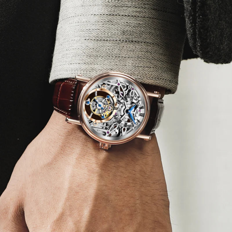 Haofa Hollow Flying Tourbillon Manual Winding Mens Watch 19 Jewels Classical Engraving 42H Power Reserve Waterproof Leather 1602