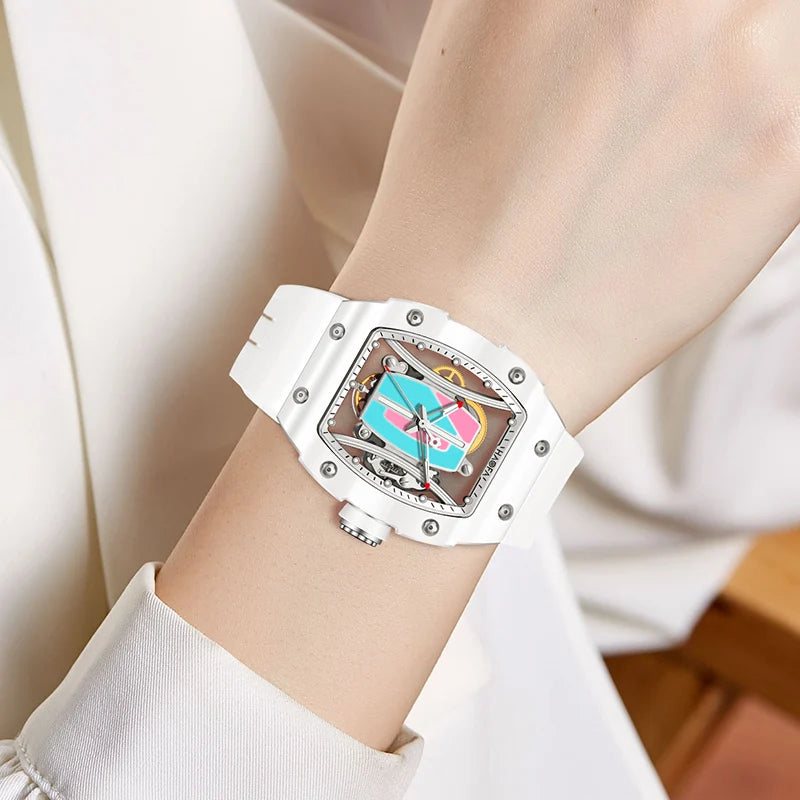 Haofa Ladies Automatic Mechanical Watch Rubber Strap 50M Waterproof Sapphire Mirror Stainless Steel Case Women‘S Wristwatch 1991