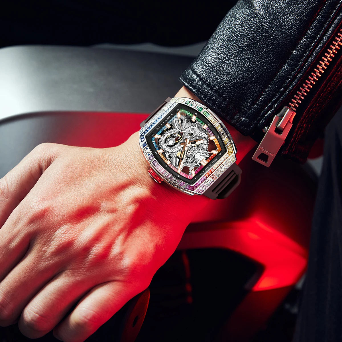 78175 Dragon Automatic Mechanical Men’S Watch, Skeleton Dial with Multi-Color Diamonds Tonneau Chinese Loong Analog Watches