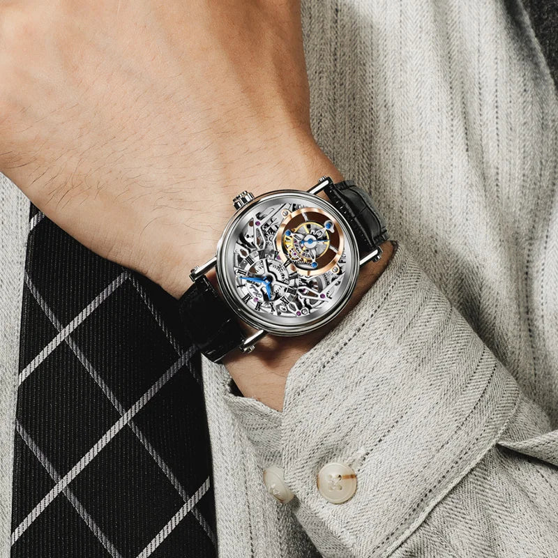 Haofa Hollow Flying Tourbillon Manual Winding Mens Watch 19 Jewels Classical Engraving 42H Power Reserve Waterproof Leather 1602