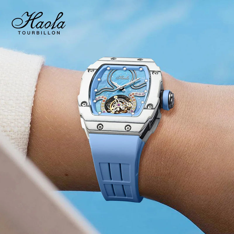 Haofa Tourbillon Women Watch Luxury High Quality Water Resistance Carbon Fiber Butterfly Buckle Manual Mechanical Movement 1910L