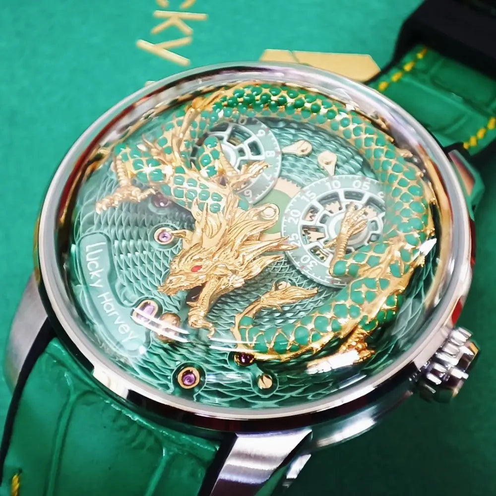Enamel Craft Chinese Dragon Automatic Mechanical Watch for Men Synthetic Sapphire 3D Carved Limited Edition Series