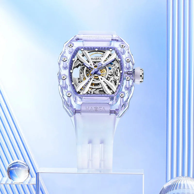 Haofa Ladies Crystal Transparent Automatic Movement Mechanical Watches Woman Skeleton Barrel Luminous Multiple Colors Brand 2302