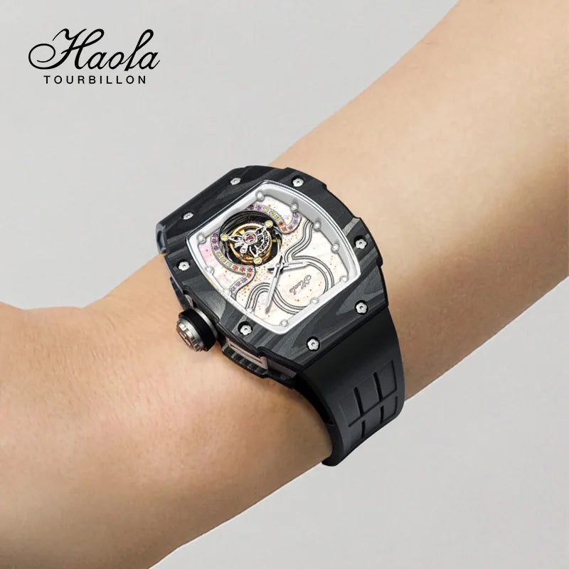 Haofa Tourbillon Women Watch Luxury High Quality Water Resistance Carbon Fiber Butterfly Buckle Manual Mechanical Movement 1910L