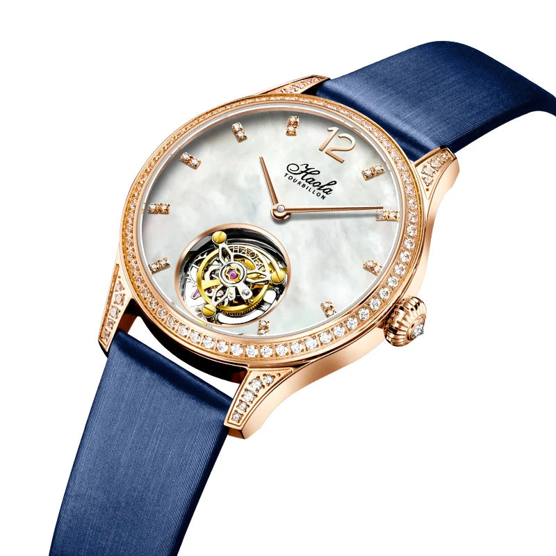 Haofa Women'S Manual Flying Tourbillon Mechanical Watch Luxury Limited Edition Sapphire Diamond Bezel Ladies Watch Elegant 1809
