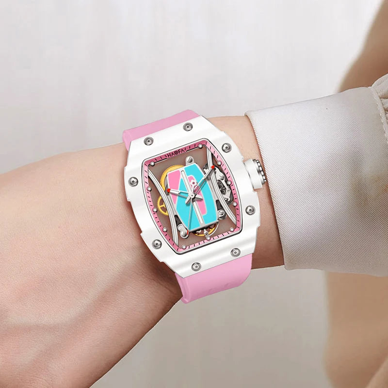 Haofa Ladies Automatic Mechanical Watch Rubber Strap 50M Waterproof Sapphire Mirror Stainless Steel Case Women‘S Wristwatch 1991