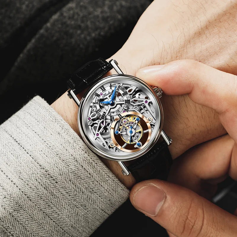 Haofa Hollow Flying Tourbillon Manual Winding Mens Watch 19 Jewels Classical Engraving 42H Power Reserve Waterproof Leather 1602