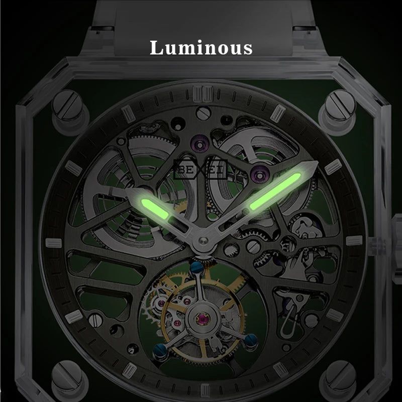 FULL K9 Crystal Case Skeleton Manual Mechanical Movement 9112 Tourbillon Watchs Luxury Waterproof Reserve 80H