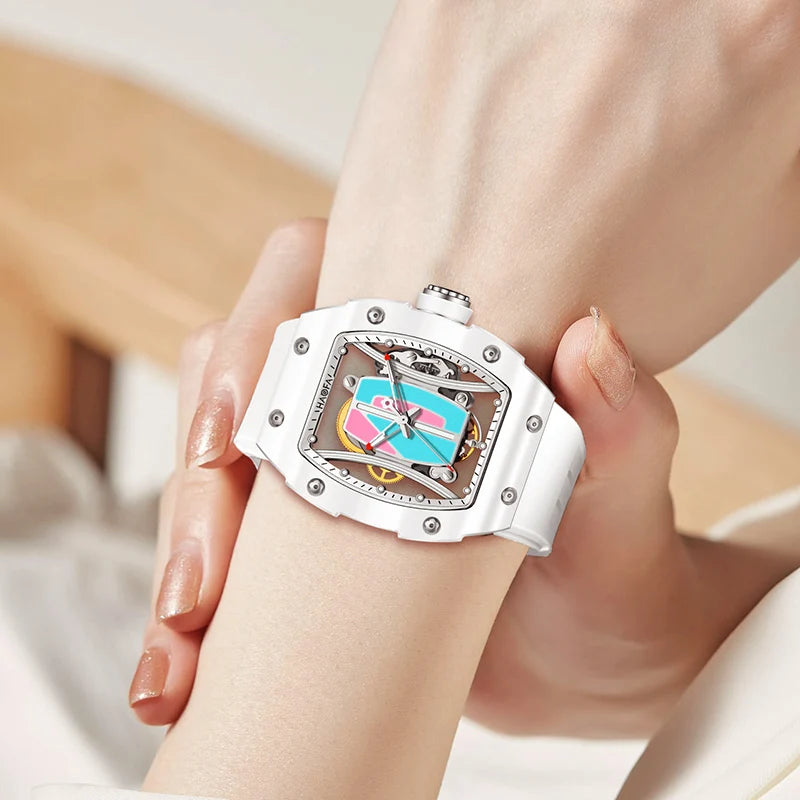 Haofa Ladies Automatic Mechanical Watch Rubber Strap 50M Waterproof Sapphire Mirror Stainless Steel Case Women‘S Wristwatch 1991