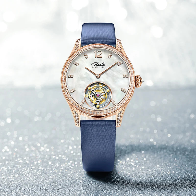 Haofa Women'S Manual Flying Tourbillon Mechanical Watch Luxury Limited Edition Sapphire Diamond Bezel Ladies Watch Elegant 1809