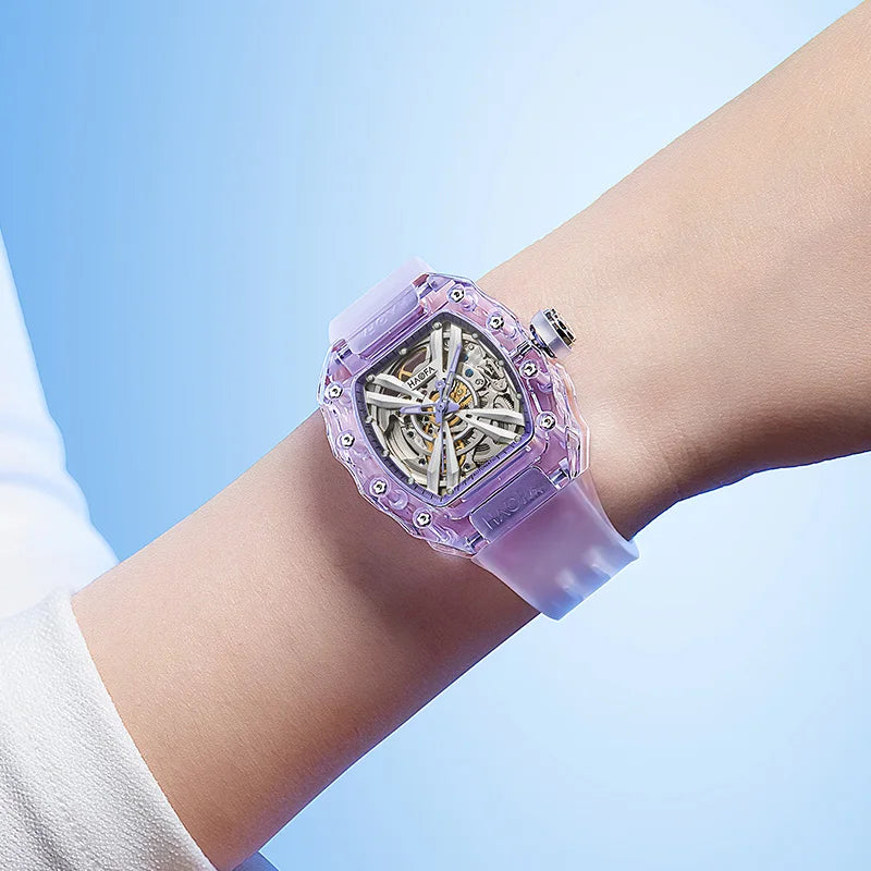 Haofa Ladies Crystal Transparent Automatic Movement Mechanical Watches Woman Skeleton Barrel Luminous Multiple Colors Brand 2302