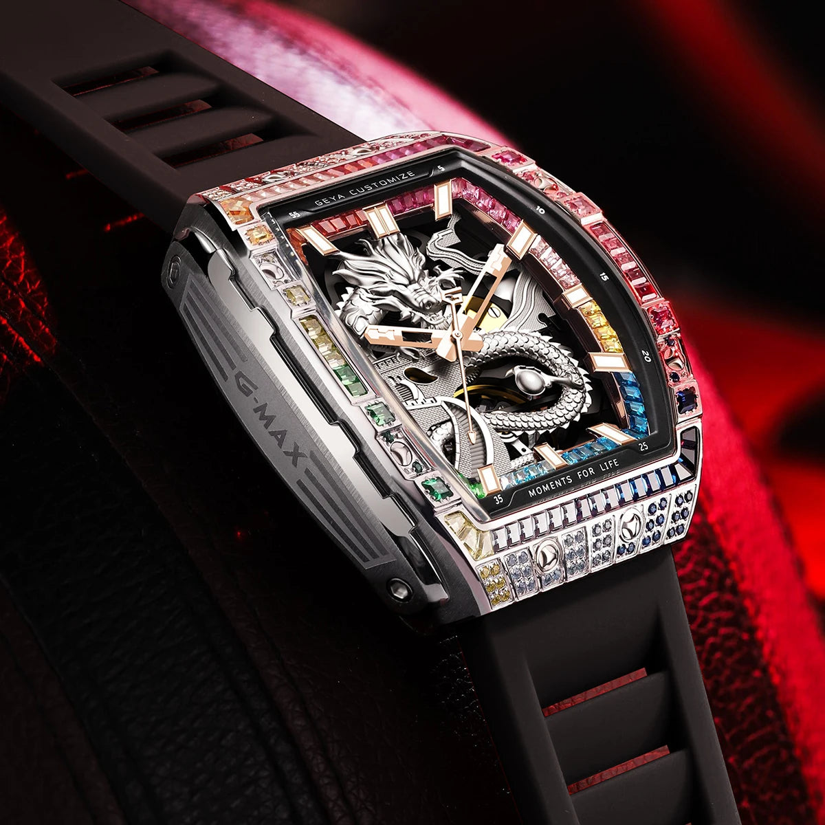 78175 Dragon Automatic Mechanical Men’S Watch, Skeleton Dial with Multi-Color Diamonds Tonneau Chinese Loong Analog Watches