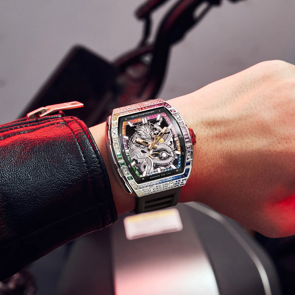 78175 Dragon Automatic Mechanical Men’S Watch, Skeleton Dial with Multi-Color Diamonds Tonneau Chinese Loong Analog Watches