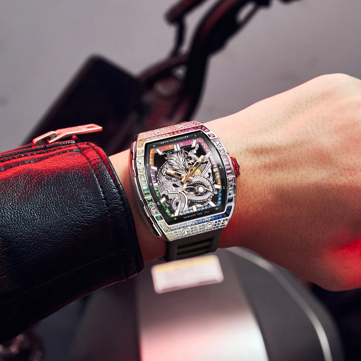 78175 Dragon Automatic Mechanical Men’S Watch, Skeleton Dial with Multi-Color Diamonds Tonneau Chinese Loong Analog Watches