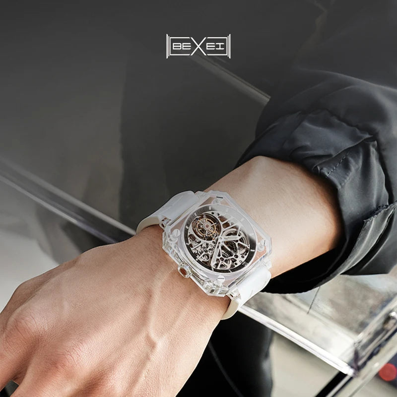 FULL K9 Crystal Case Skeleton Manual Mechanical Movement 9112 Tourbillon Watchs Luxury Waterproof Reserve 80H