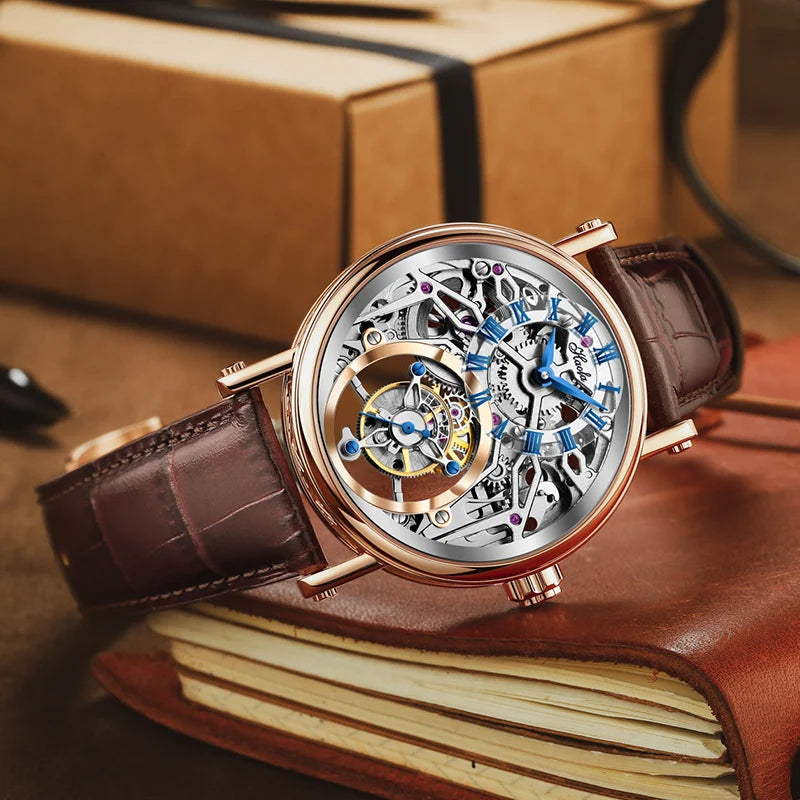 Haofa Hollow Flying Tourbillon Manual Winding Mens Watch 19 Jewels Classical Engraving 42H Power Reserve Waterproof Leather 1602