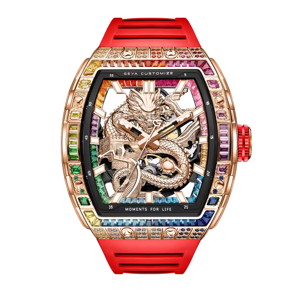Luxury Tonneau Dragon Watch for Men – 78175 Model with Skeleton Dial & Multi-Coloured Diamond Accents