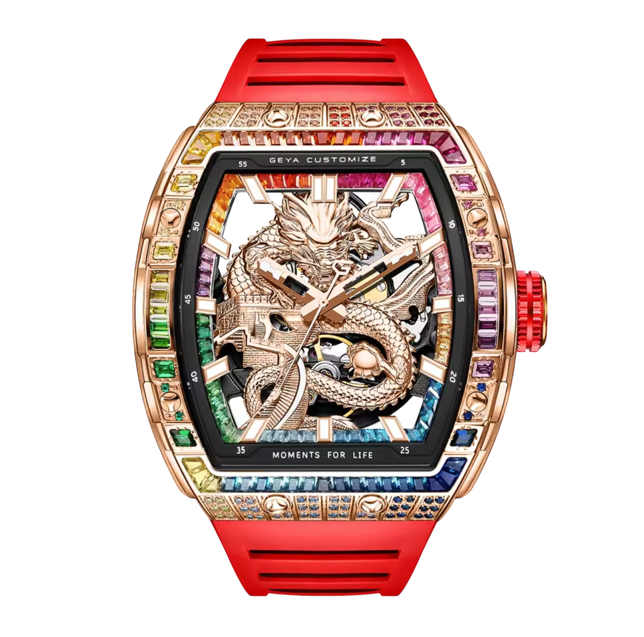 Luxury Tonneau Dragon Watch for Men – 78175 Model with Skeleton Dial & Multi-Coloured Diamond Accents