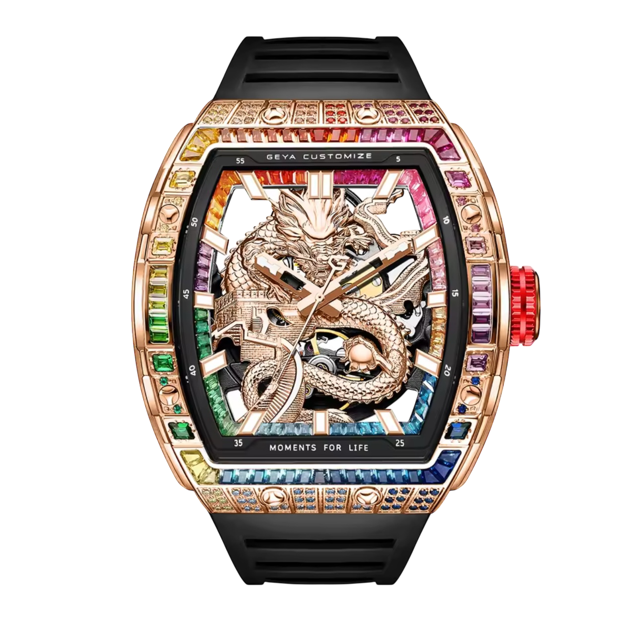 Luxury Tonneau Dragon Watch for Men – 78175 Model with Skeleton Dial & Multi-Coloured Diamond Accents
