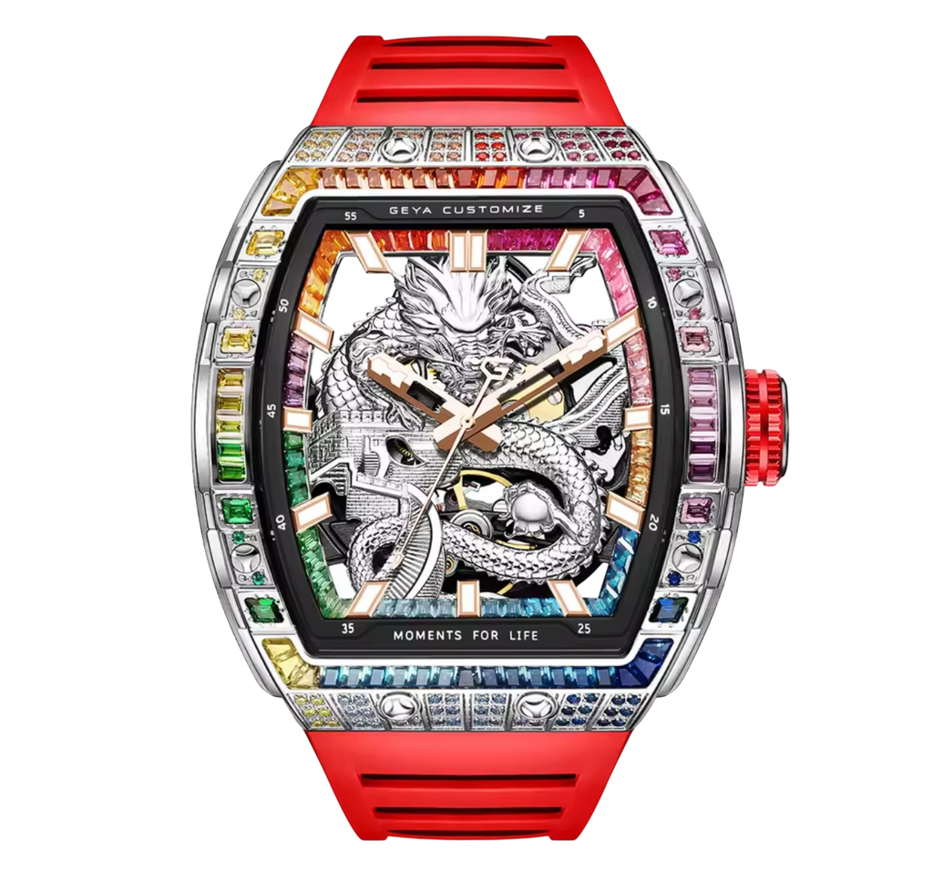 Luxury Tonneau Dragon Watch for Men – 78175 Model with Skeleton Dial & Multi-Coloured Diamond Accents