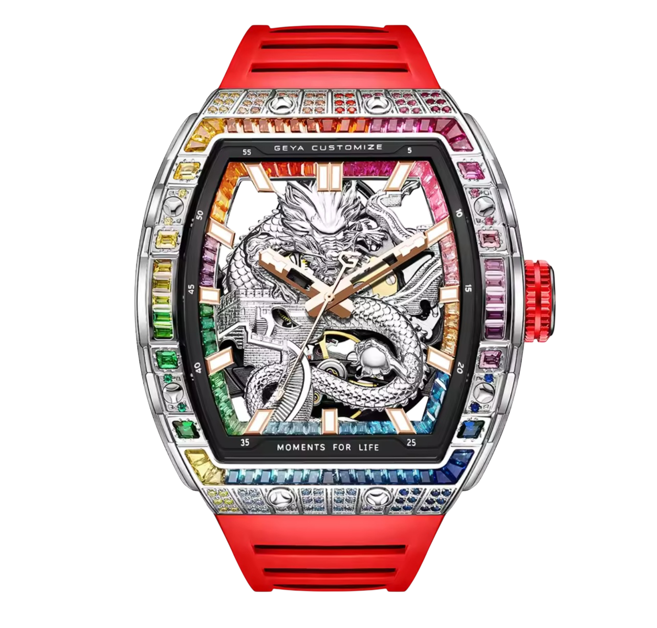 Luxury Tonneau Dragon Watch for Men – 78175 Model with Skeleton Dial & Multi-Coloured Diamond Accents