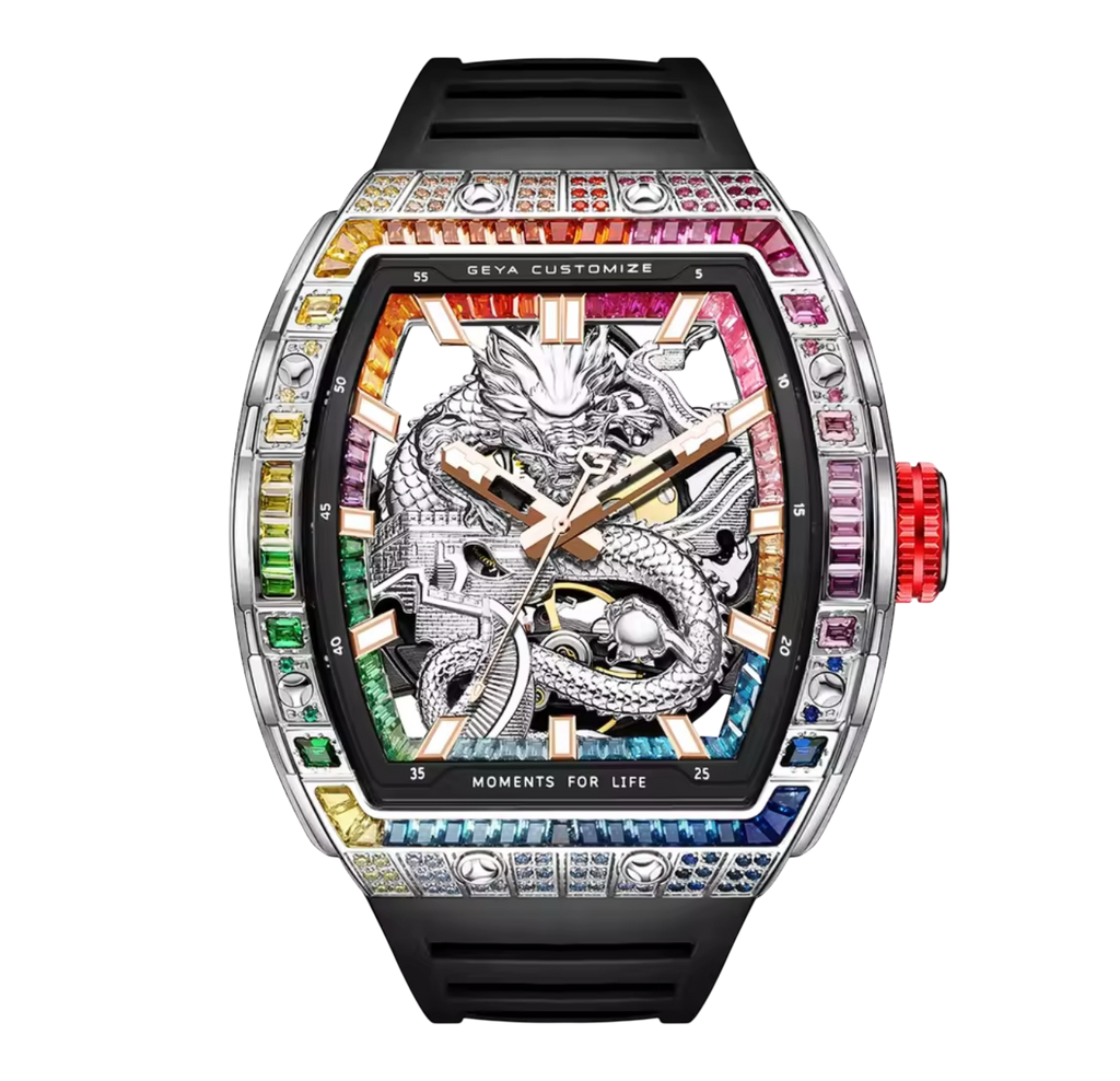 Luxury Tonneau Dragon Watch for Men – 78175 Model with Skeleton Dial & Multi-Coloured Diamond Accents