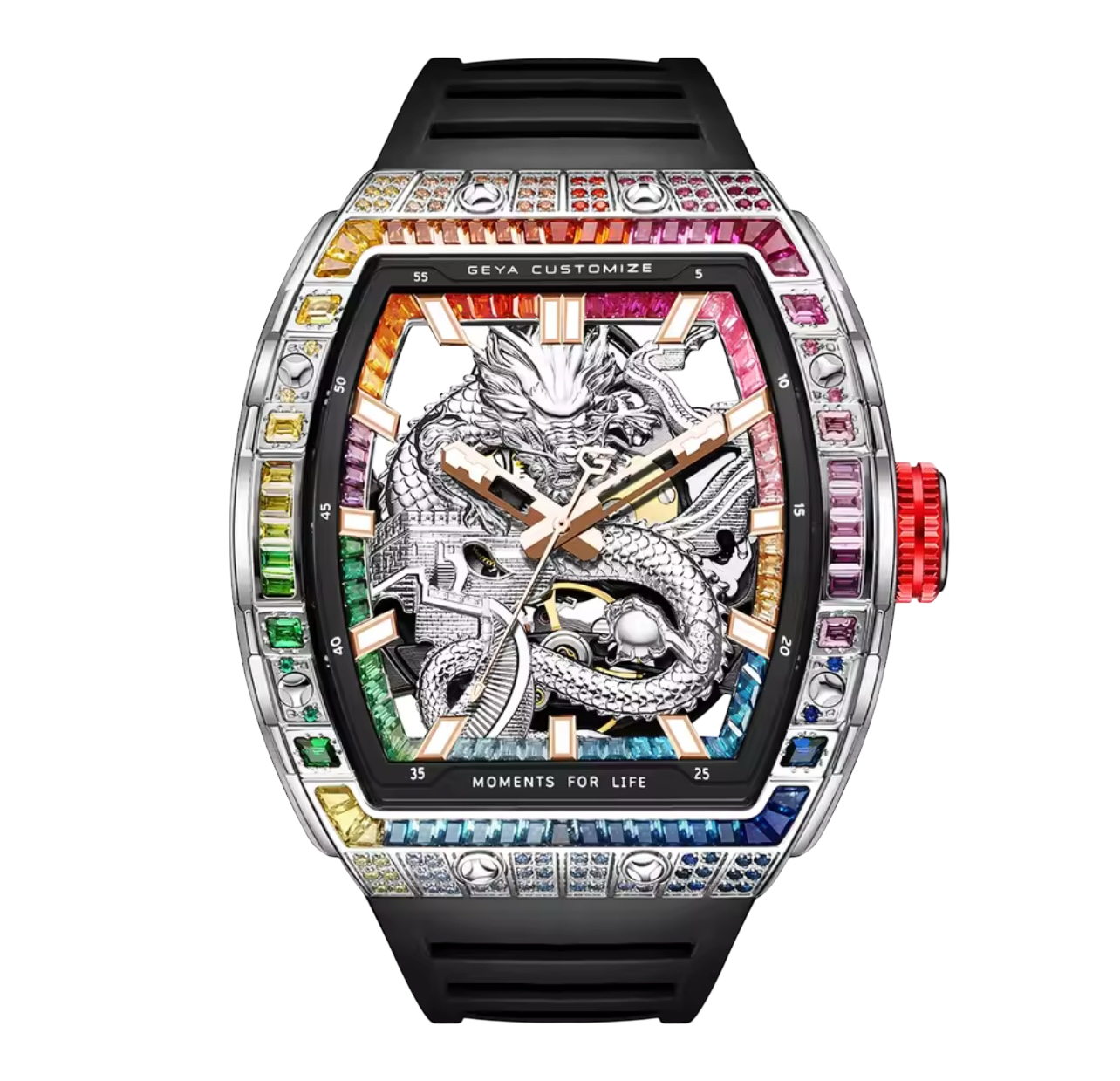Luxury Tonneau Dragon Watch for Men – 78175 Model with Skeleton Dial & Multi-Coloured Diamond Accents