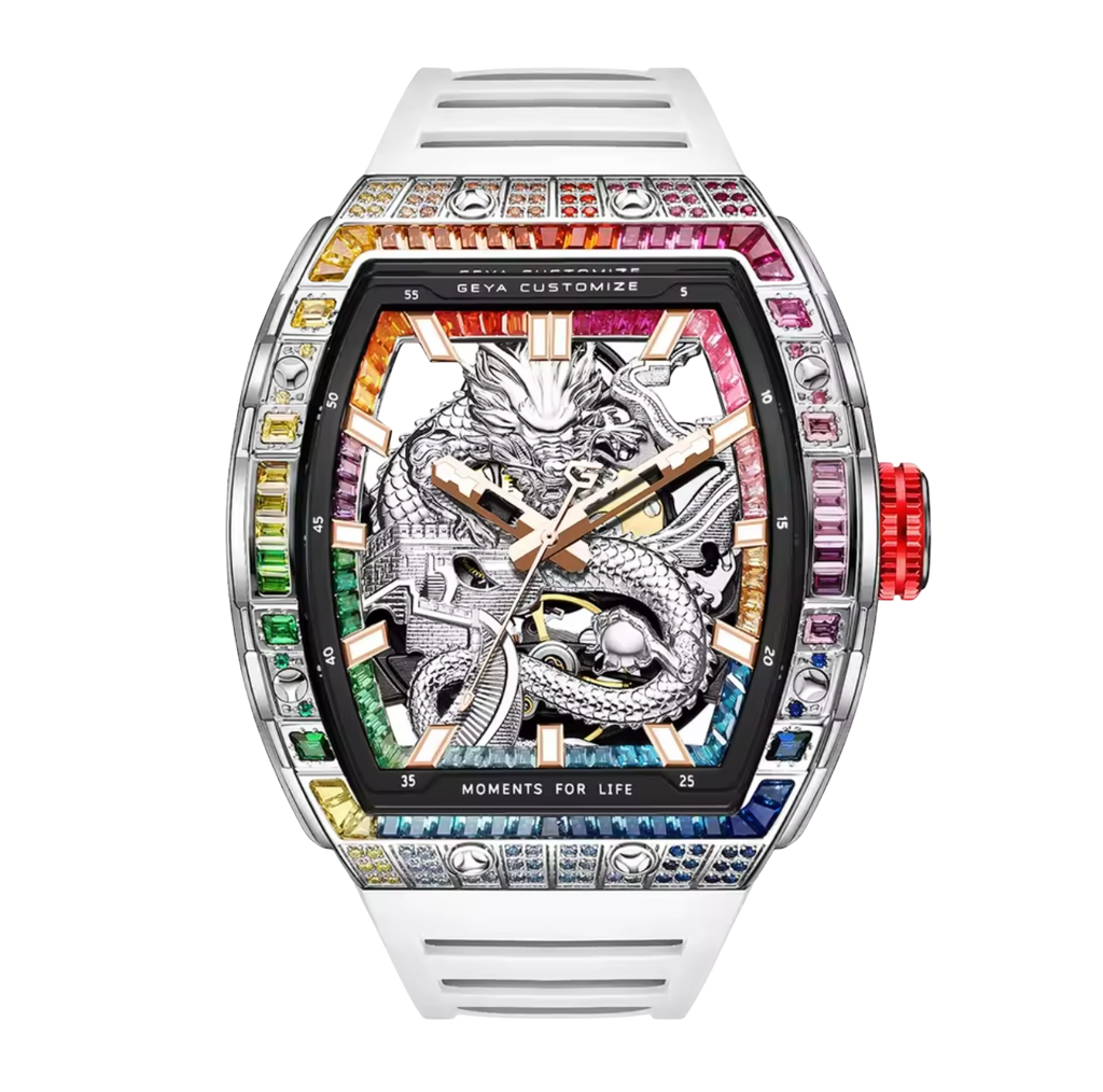 Luxury Tonneau Dragon Watch for Men – 78175 Model with Skeleton Dial & Multi-Coloured Diamond Accents