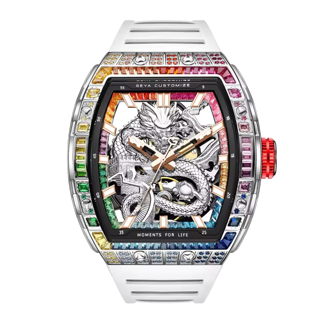 Luxury Tonneau Dragon Watch for Men – 78175 Model with Skeleton Dial & Multi-Coloured Diamond Accents