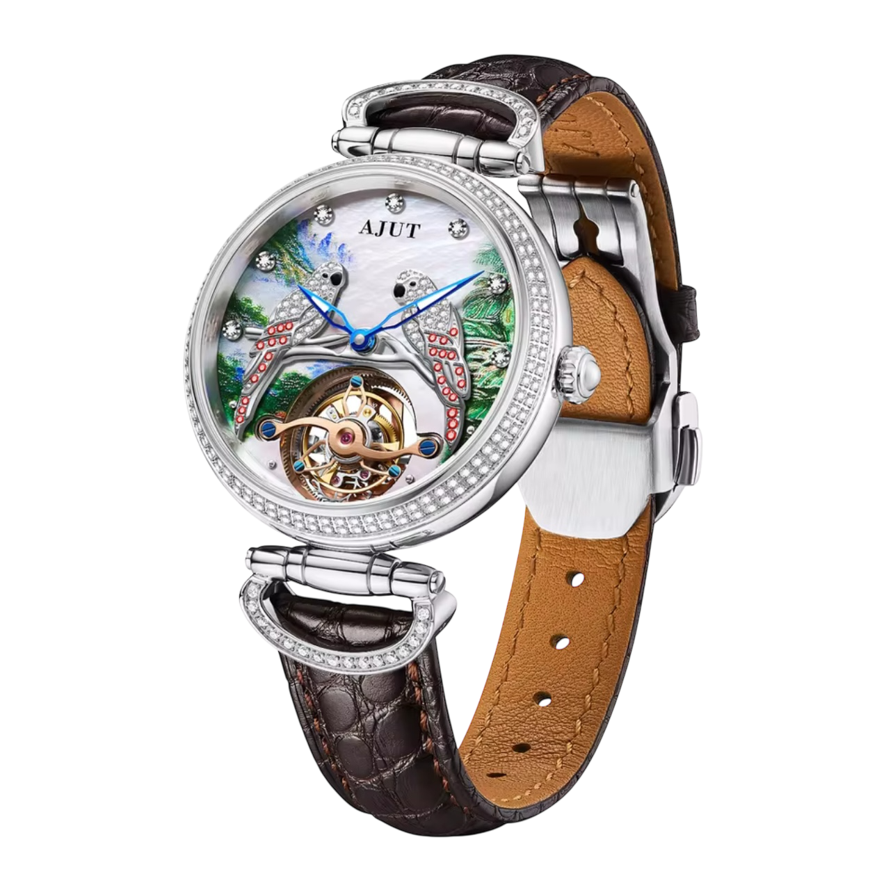TAM0327 Men’s Tourbillon Automatic Watch – Mother of Pearl Dial, Real Diamonds, Embossed Parrot & Zircon Inlay