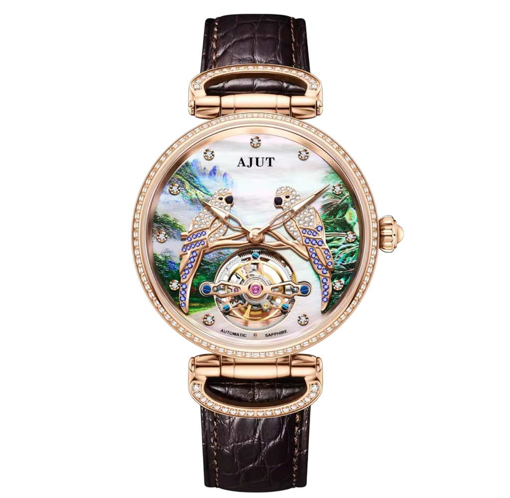 TAM0327 Men’s Tourbillon Automatic Watch – Mother of Pearl Dial, Real Diamonds, Embossed Parrot & Zircon Inlay