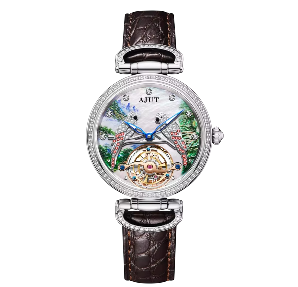 TAM0327 Men’s Tourbillon Automatic Watch – Mother of Pearl Dial, Real Diamonds, Embossed Parrot & Zircon Inlay