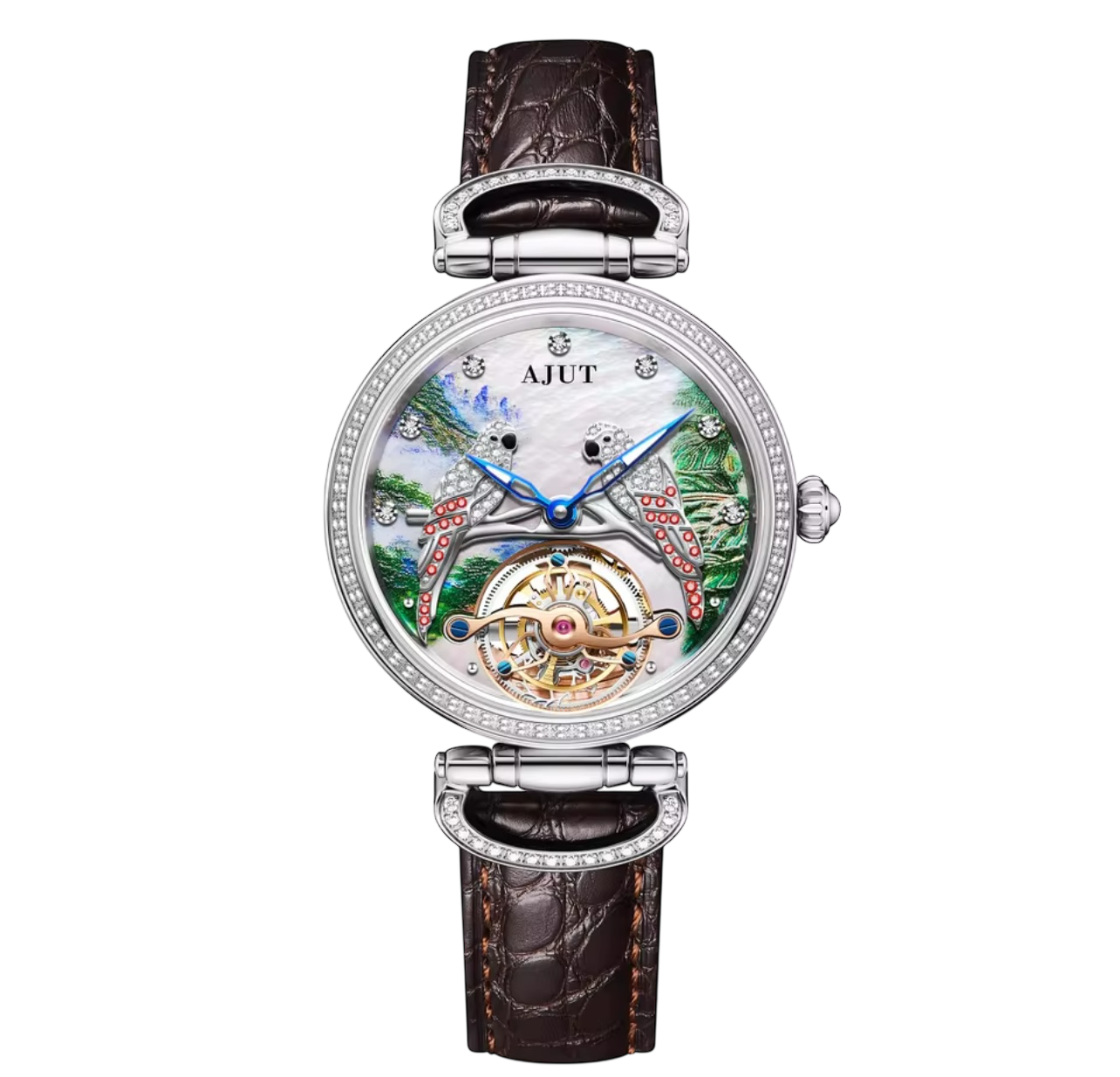 TAM0327 Men’s Tourbillon Automatic Watch – Mother of Pearl Dial, Real Diamonds, Embossed Parrot & Zircon Inlay