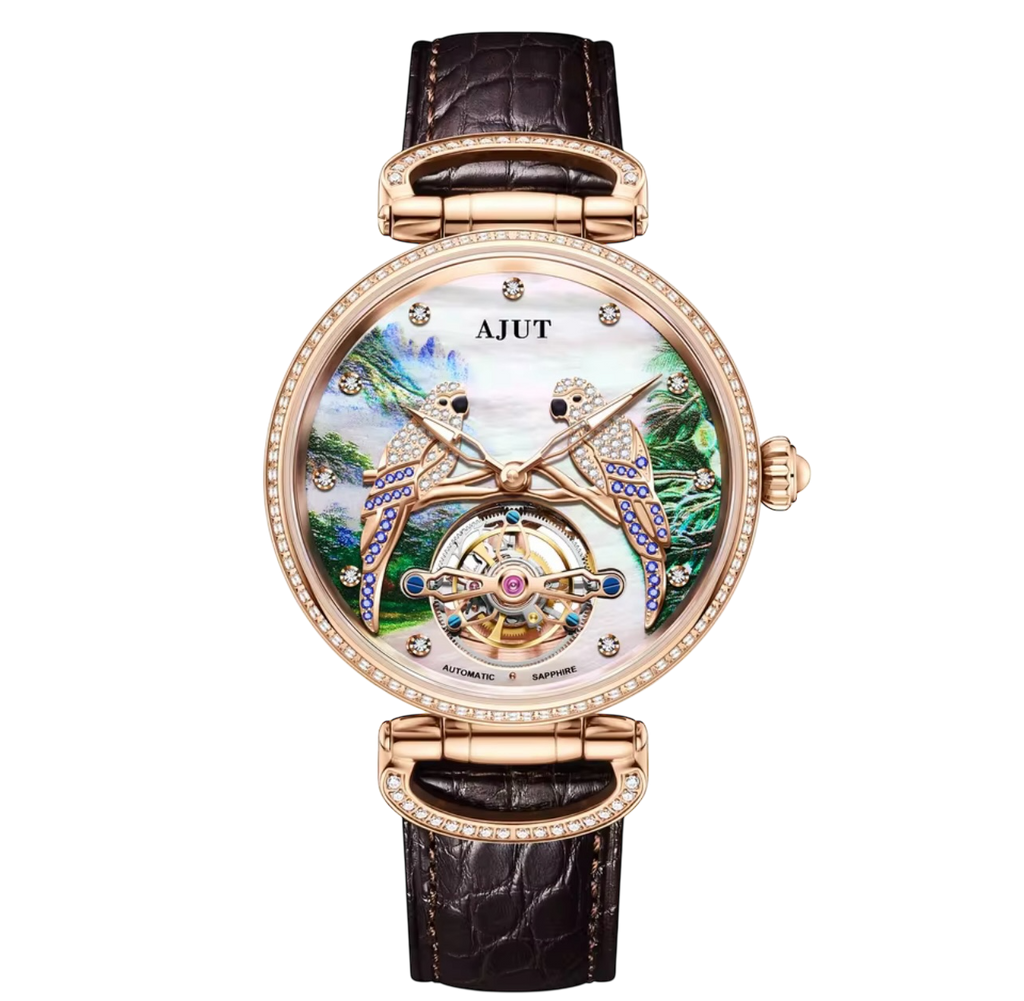 TAM0327 Men’s Tourbillon Automatic Watch – Mother of Pearl Dial, Real Diamonds, Embossed Parrot & Zircon Inlay