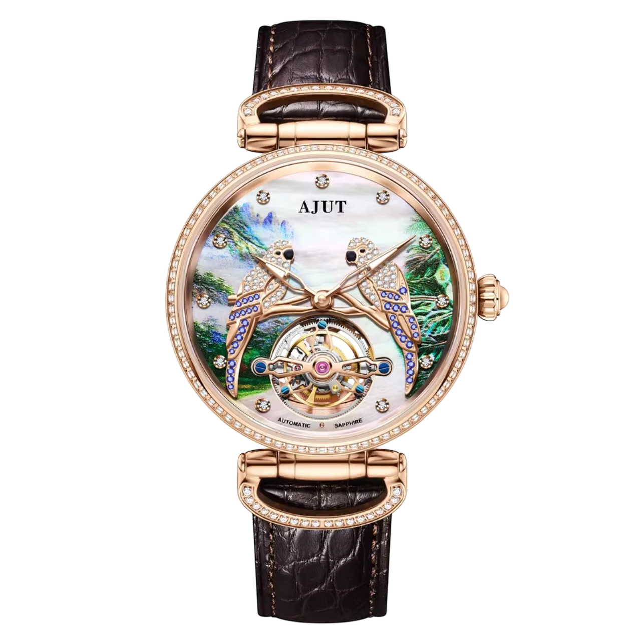 TAM0327 Men’s Tourbillon Automatic Watch – Mother of Pearl Dial, Real Diamonds, Embossed Parrot & Zircon Inlay