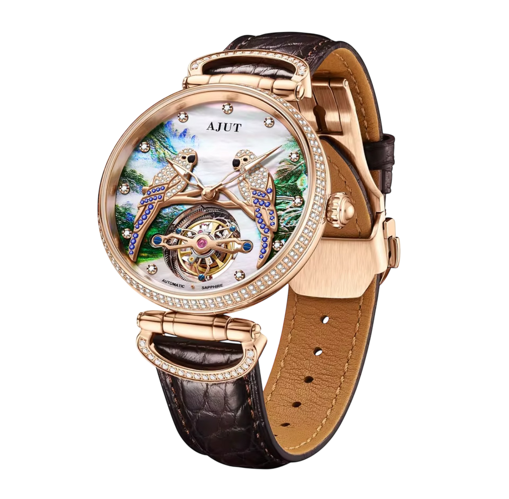 TAM0327 Men’s Tourbillon Automatic Watch – Mother of Pearl Dial, Real Diamonds, Embossed Parrot & Zircon Inlay