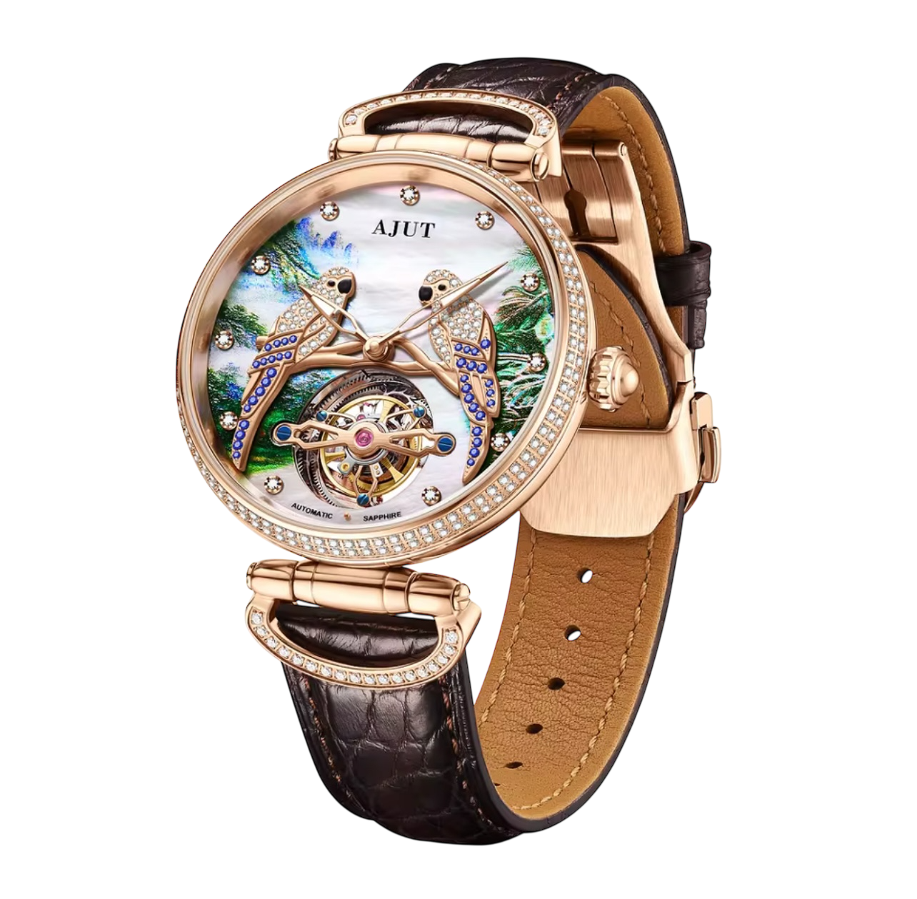 TAM0327 Men’s Tourbillon Automatic Watch – Mother of Pearl Dial, Real Diamonds, Embossed Parrot & Zircon Inlay