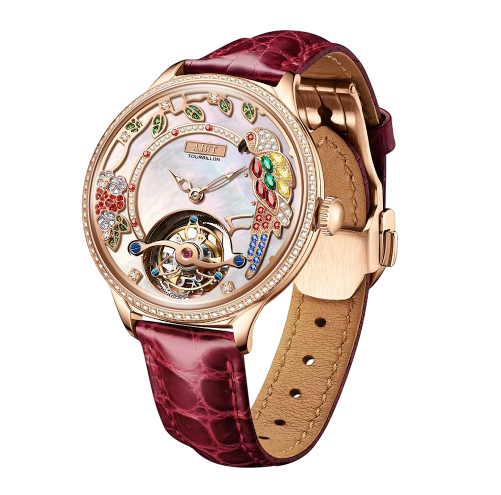 Ladies Luxury Automatic Tourbillon Watch – Embossed Diamond Parrot Design with Mother-of-Pearl Dial & Sapphire Skeleton Case, Model TAL0340