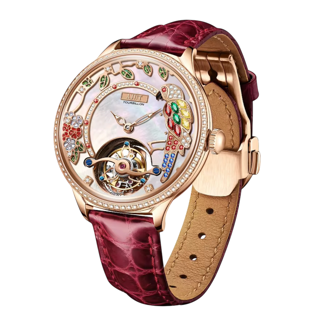 Ladies Luxury Automatic Tourbillon Watch – Embossed Diamond Parrot Design with Mother-of-Pearl Dial & Sapphire Skeleton Case, Model TAL0340