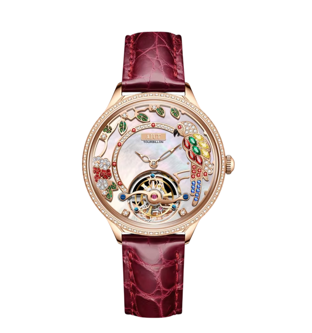 Ladies Luxury Automatic Tourbillon Watch – Embossed Diamond Parrot Design with Mother-of-Pearl Dial & Sapphire Skeleton Case, Model TAL0340