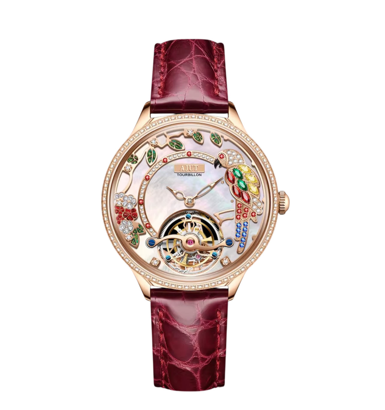Ladies Luxury Automatic Tourbillon Watch – Embossed Diamond Parrot Design with Mother-of-Pearl Dial & Sapphire Skeleton Case, Model TAL0340
