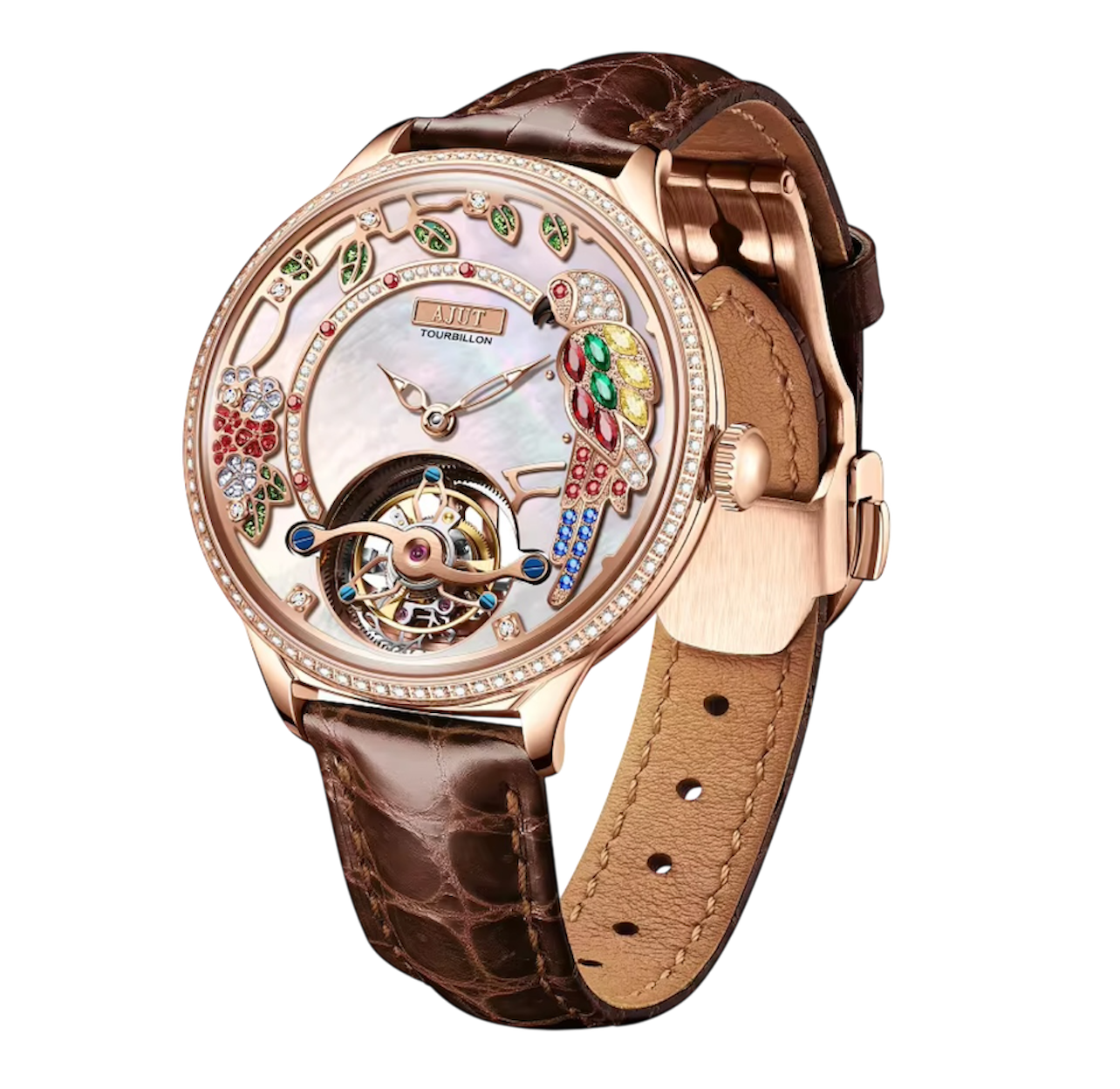 Ladies Luxury Automatic Tourbillon Watch – Embossed Diamond Parrot Design with Mother-of-Pearl Dial & Sapphire Skeleton Case, Model TAL0340
