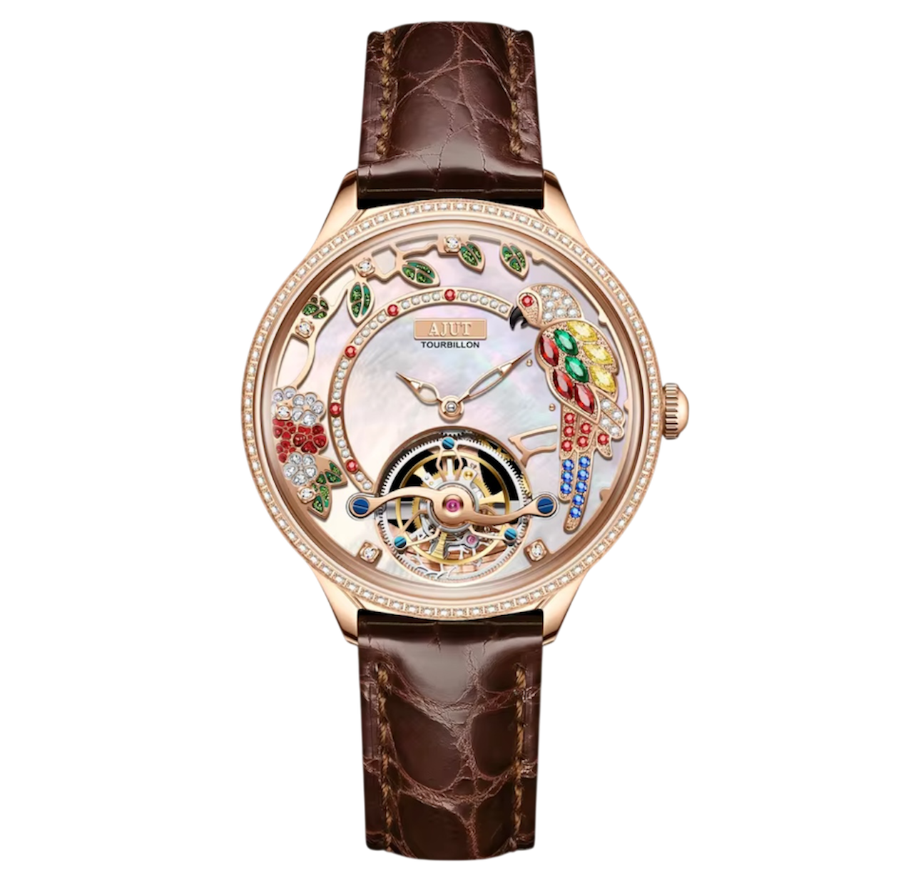 Ladies Luxury Automatic Tourbillon Watch – Embossed Diamond Parrot Design with Mother-of-Pearl Dial & Sapphire Skeleton Case, Model TAL0340