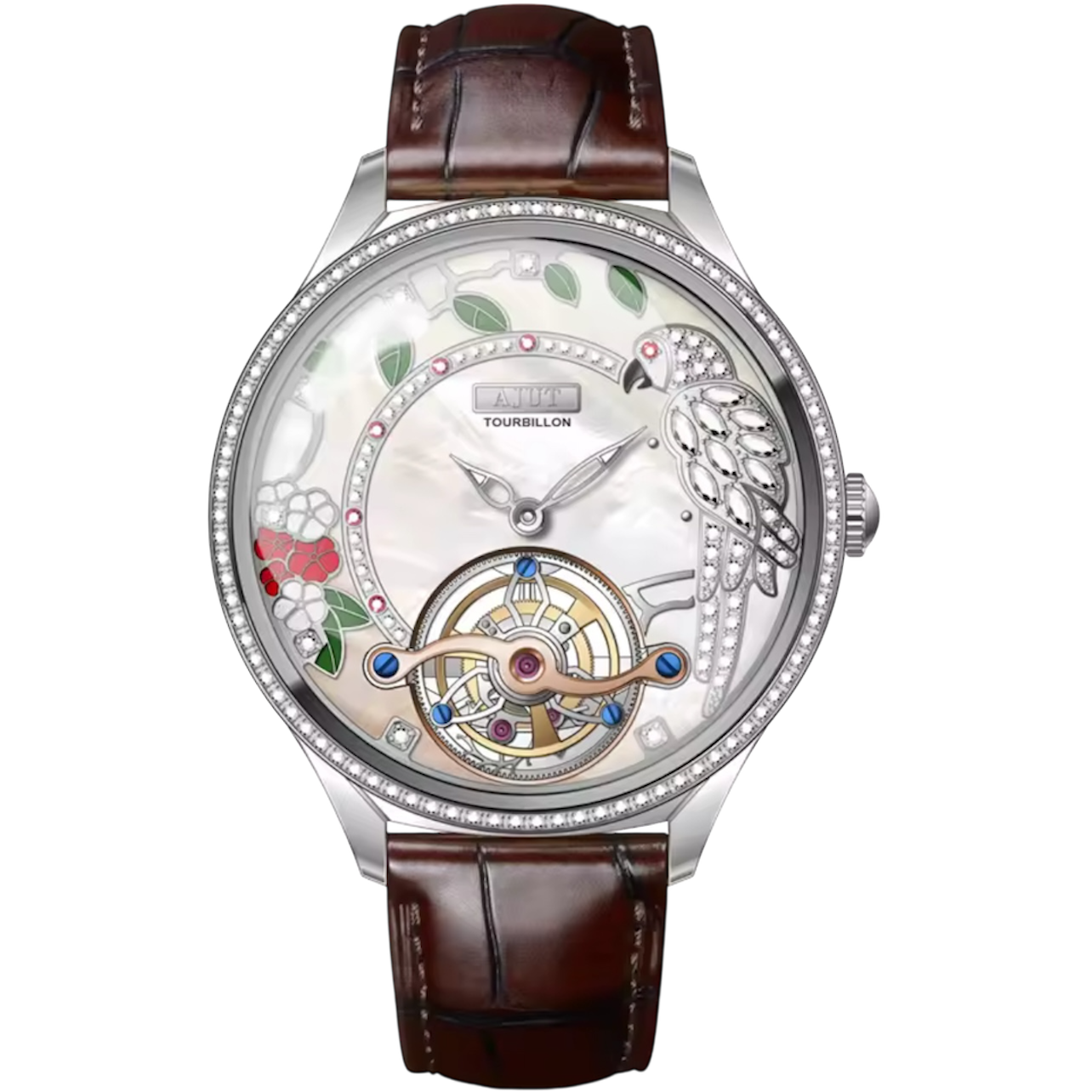 Ladies Luxury Automatic Tourbillon Watch – Embossed Diamond Parrot Design with Mother-of-Pearl Dial & Sapphire Skeleton Case, Model TAL0340