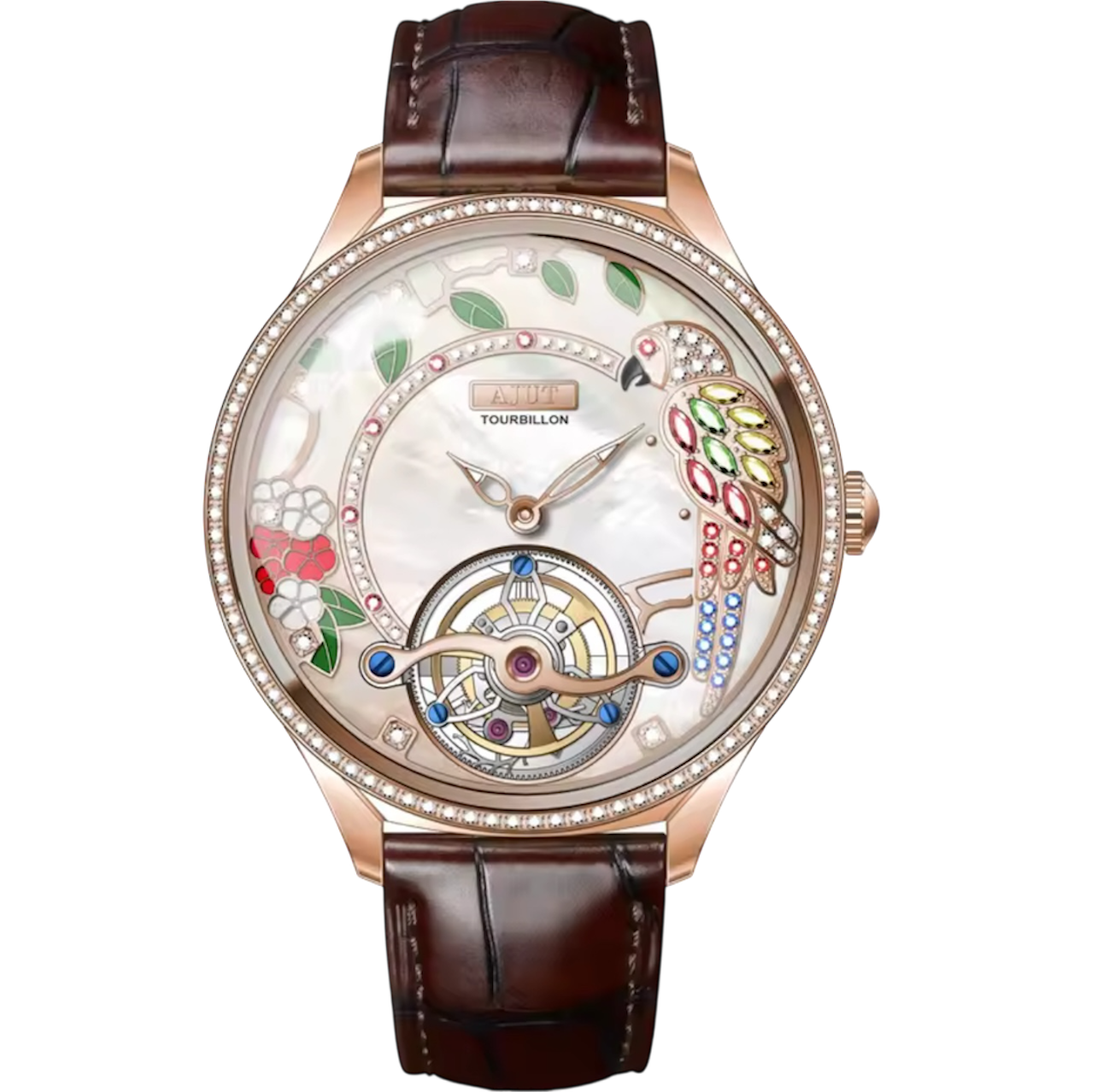 Ladies Luxury Automatic Tourbillon Watch – Embossed Diamond Parrot Design with Mother-of-Pearl Dial & Sapphire Skeleton Case, Model TAL0340