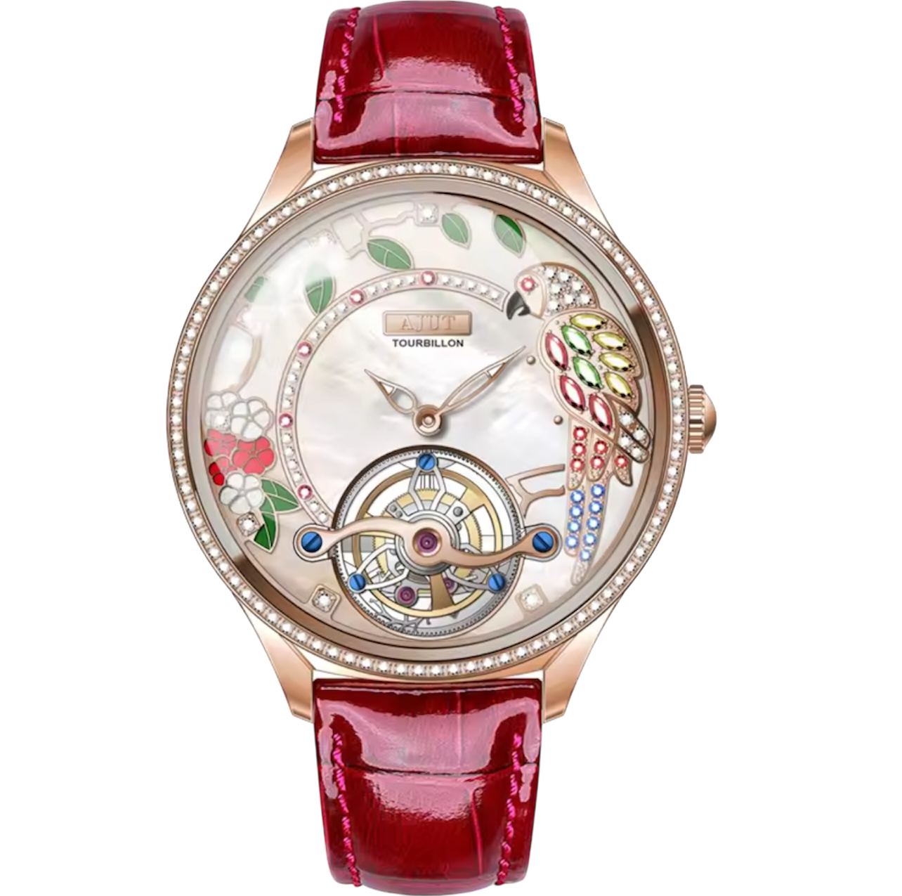 Ladies Luxury Automatic Tourbillon Watch – Embossed Diamond Parrot Design with Mother-of-Pearl Dial & Sapphire Skeleton Case, Model TAL0340