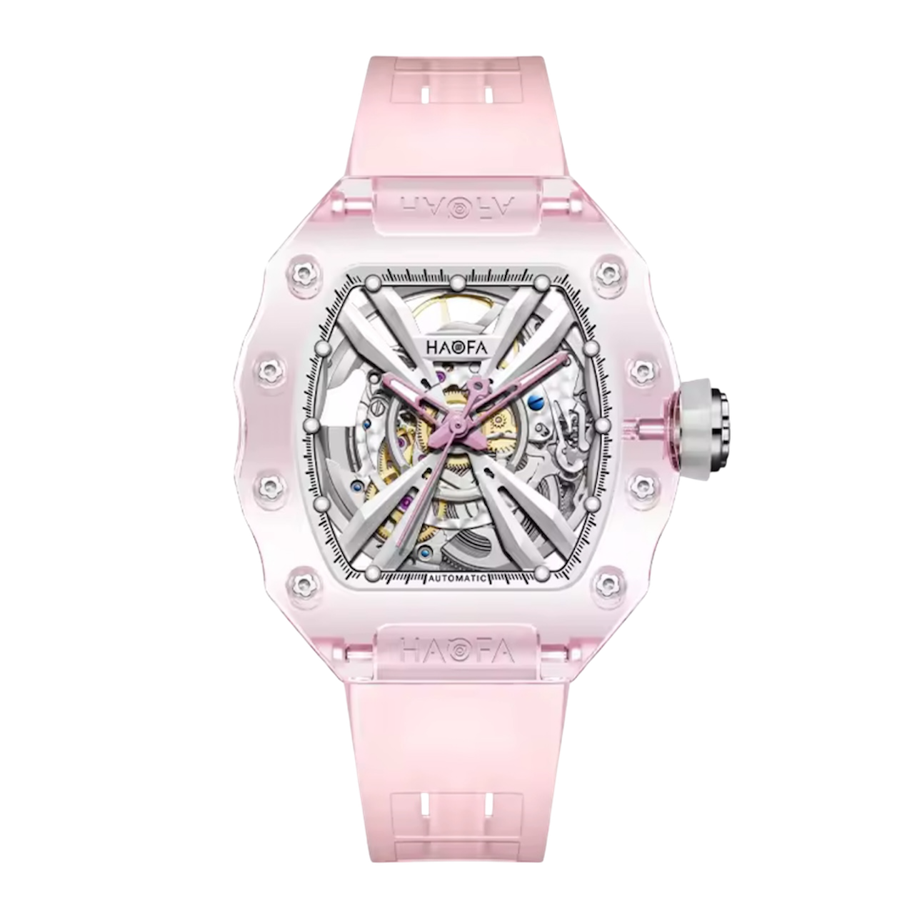 Haofa Ladies Crystal Skeleton Watch – Transparent Automatic Mechanical Movement, Luminous Dial, Multicolour Barrel Design | Model 2302