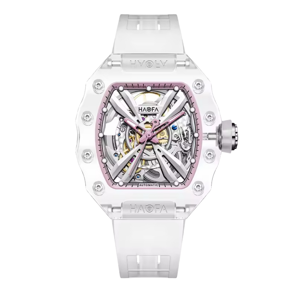 Haofa Ladies Crystal Skeleton Watch – Transparent Automatic Mechanical Movement, Luminous Dial, Multicolour Barrel Design | Model 2302
