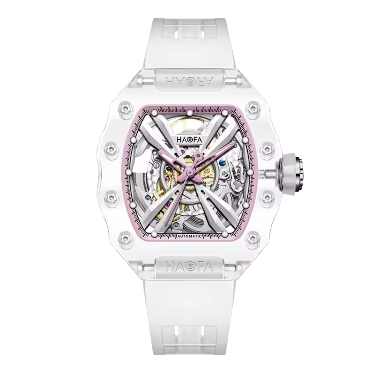 Haofa Ladies Crystal Skeleton Watch – Transparent Automatic Mechanical Movement, Luminous Dial, Multicolour Barrel Design | Model 2302